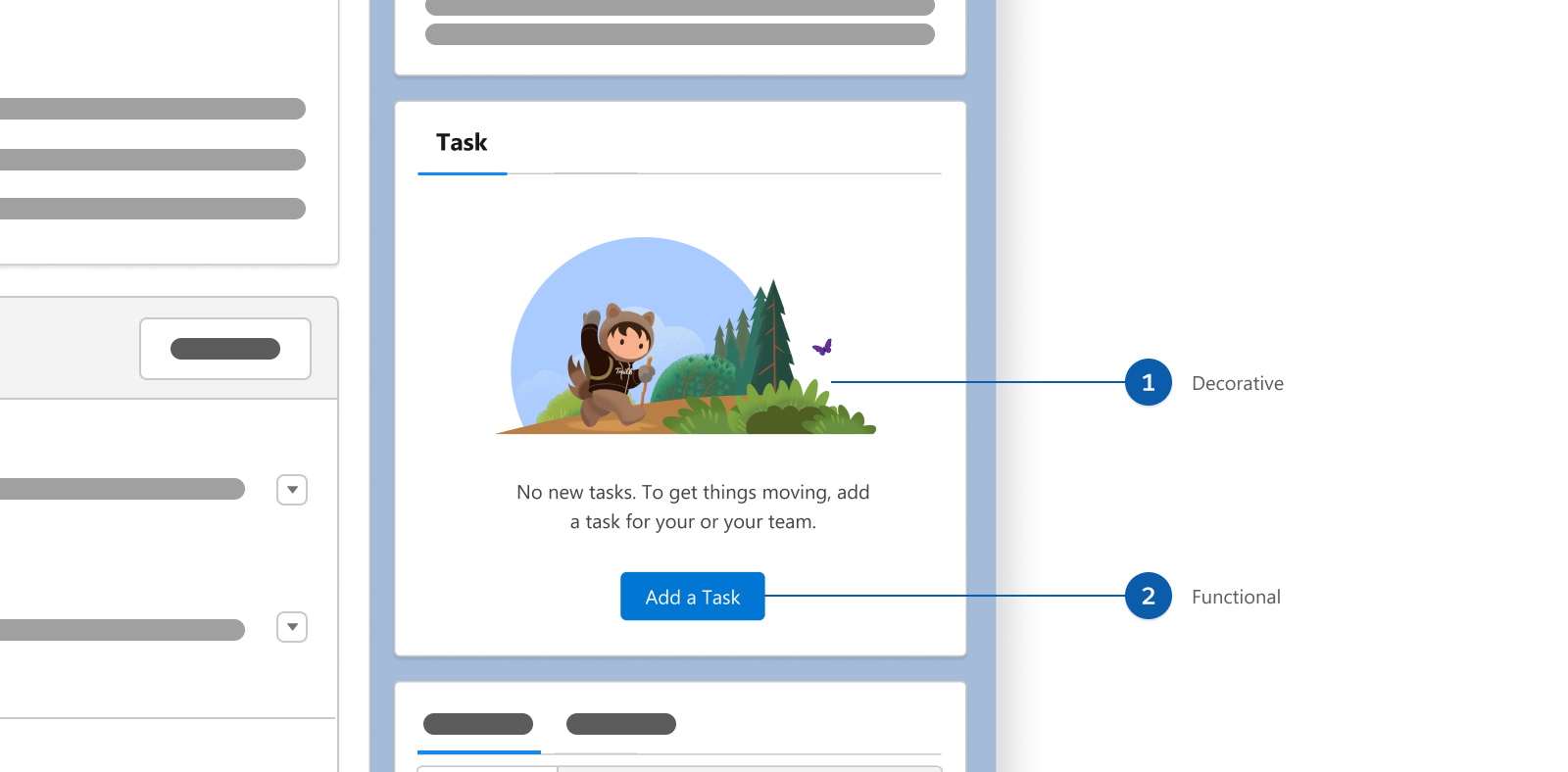 This image shows the differences between a decorative image (1) that does not convey important information and a functional button and text (2) that do.