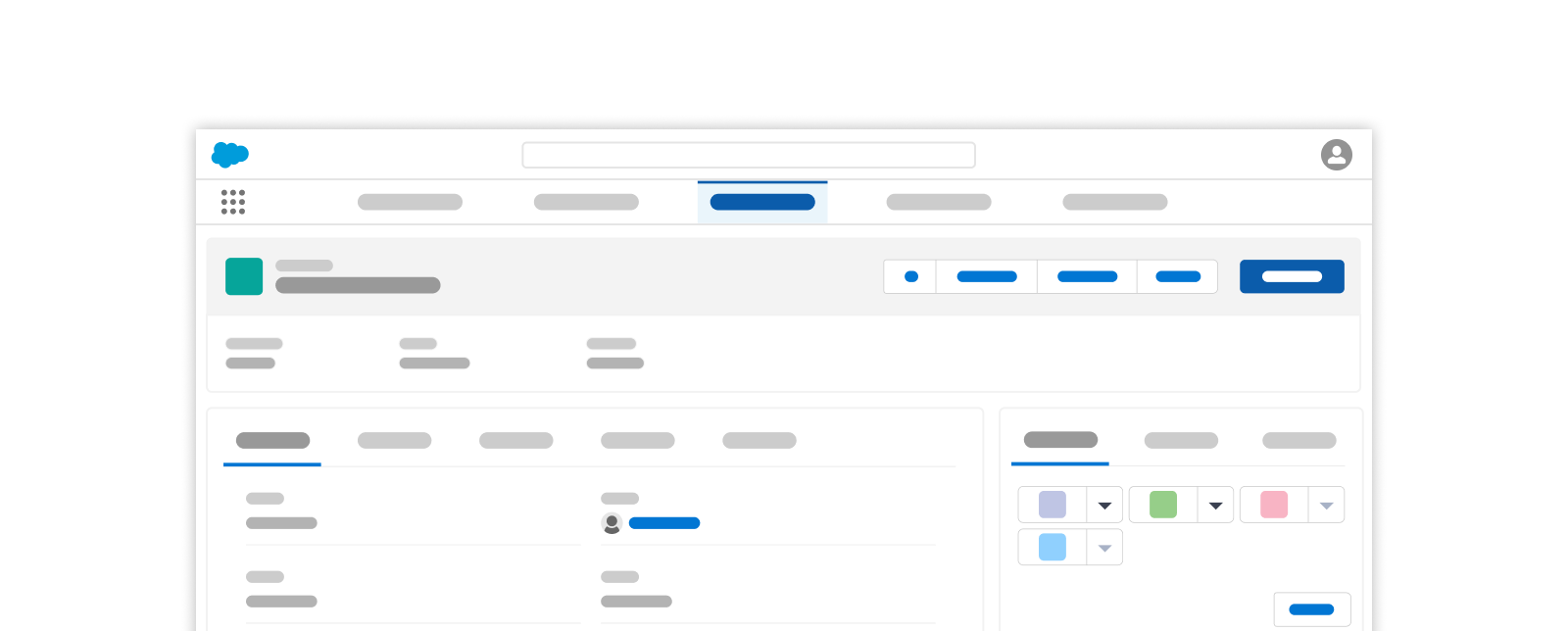 A simplified mockup of a screenshot of a Salesforce UI screen that shows how blue is being used to draw attention to certain elements of the UI.