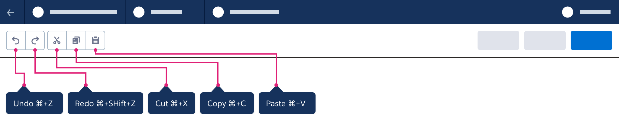 A wireframe showing utility button tooltips with text showing keyboard shortcuts.