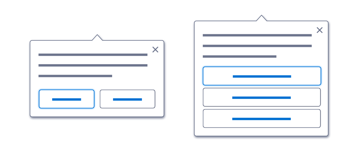 Two wireframe examples of test mode popovers, one featuring two buttons side by side, the other showing three buttons stacked. 