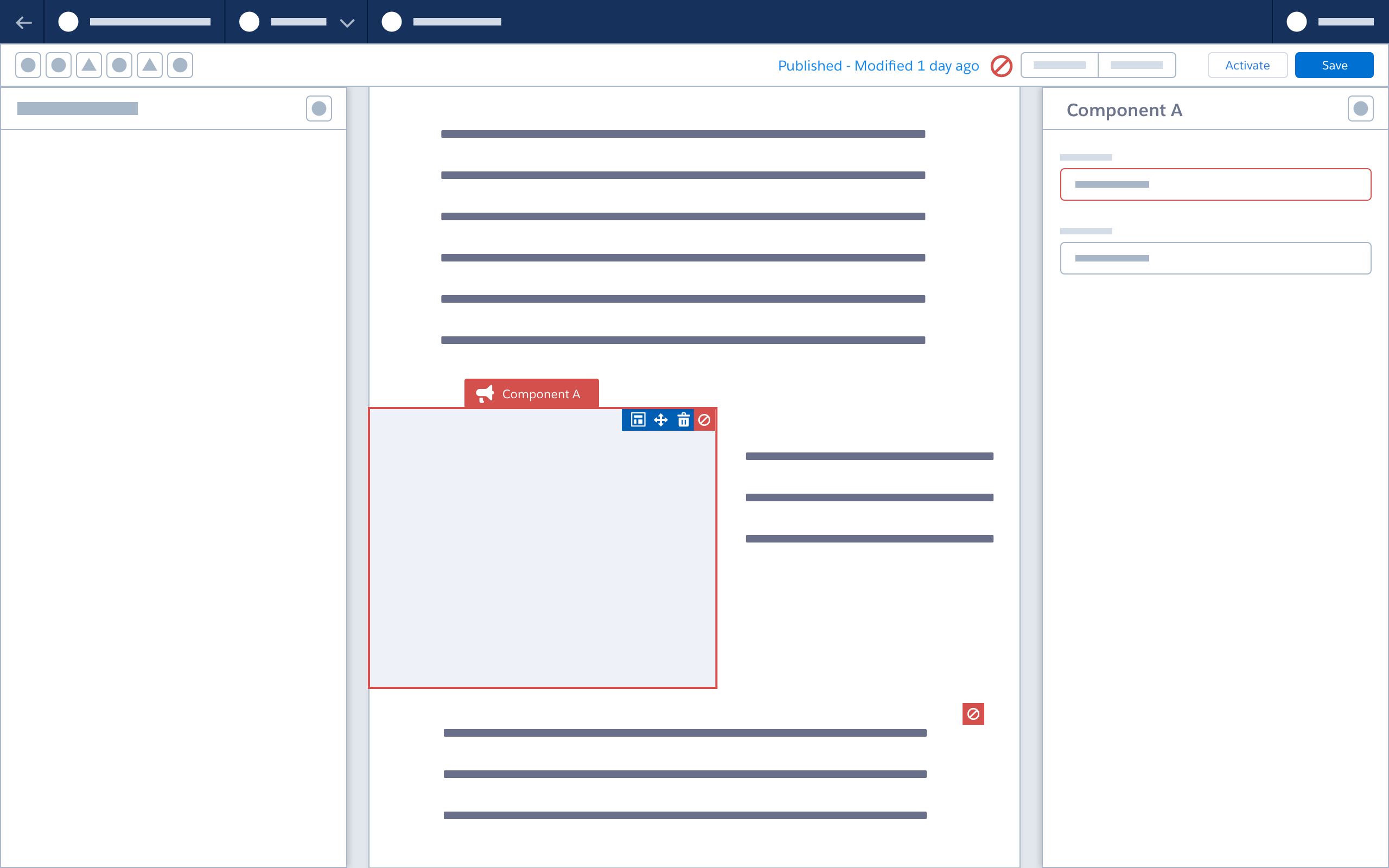 A wireframe showing an error icon in the builder header and the component with the error highlighted. 