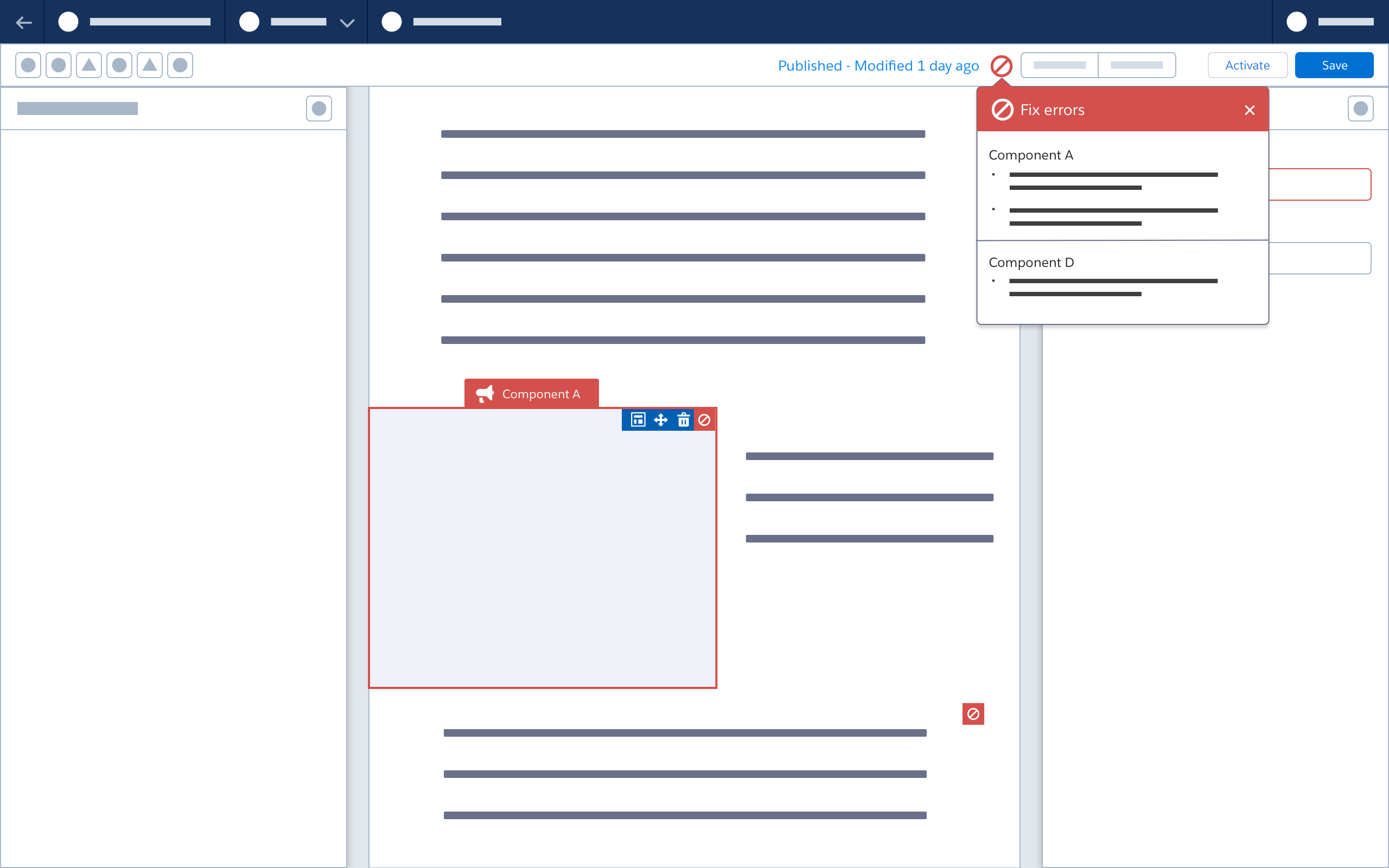 A wireframe showing a popover with error details, grouped by component.